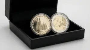 Moneta da 2 euro Vaticano 2005 in astuccio nero, lato commemorativo e lato standard