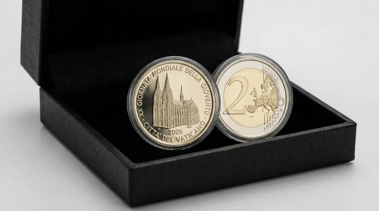 Moneta da 2 euro Vaticano 2005 in astuccio nero, lato commemorativo e lato standard