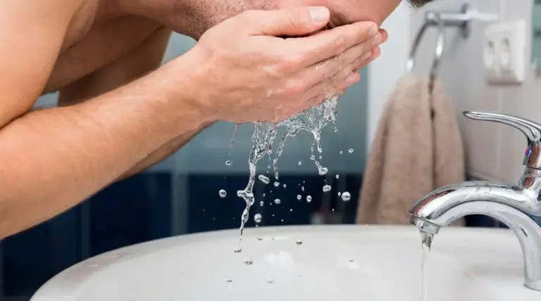 Una persona si lava il viso con acqua fredda sopra un lavandino