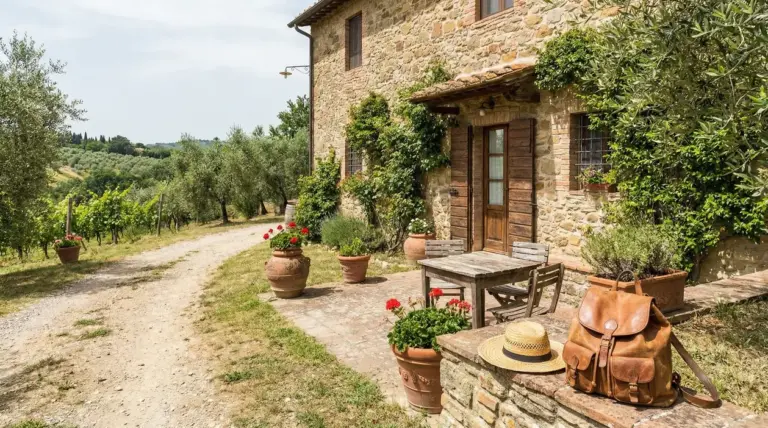 Ingresso di un agriturismo rustico con tavolo in legno e vasi di fiori, circondato da ulivi