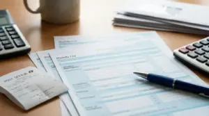 Moduli F24 con penna, ricevuta postale, calcolatrici e documenti su una scrivania