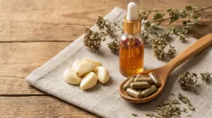 Spicchi d'aglio, capsule vegetali, olio e erbe essiccate su un panno di lino.