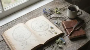 Libro aperto con mappe stellari su un tavolo di legno, accanto a occhiali, taccuino e tazza di caffè