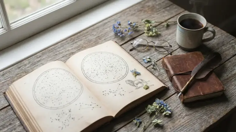 Libro aperto con mappe stellari su un tavolo di legno, accanto a occhiali, taccuino e tazza di caffè