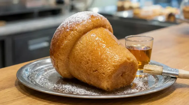 Babà napoletano alto e soffice su un vassoio con bicchiere di rum e pennello