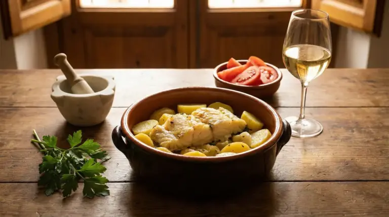 Piatto di baccalà con patate in terracotta su tavolo rustico con vino bianco e ingredienti freschi