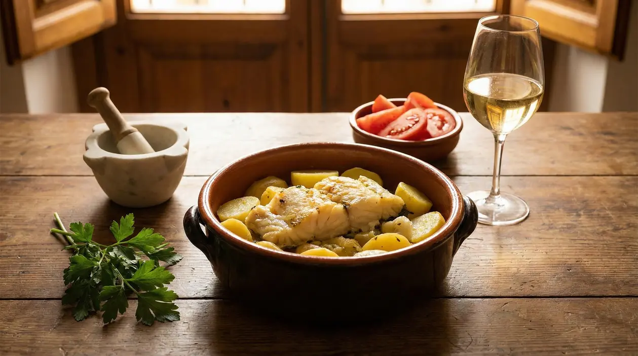 Piatto di baccalà con patate in terracotta su tavolo rustico con vino bianco e ingredienti freschi