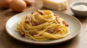 Piatto di spaghetti alla carbonara cremosi con guanciale e pepe nero