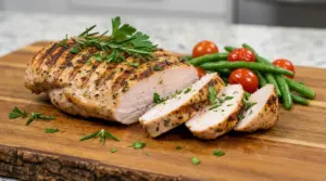 Petto di tacchino grigliato affettato con fagiolini e pomodorini su tagliere di legno