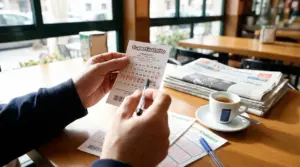 Una persona controlla una schedina del SuperEnalotto mentre beve un caffè al bar
