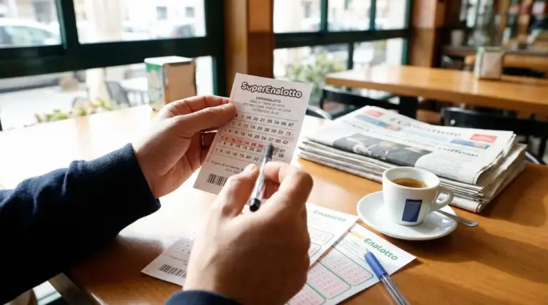 Una persona controlla una schedina del SuperEnalotto mentre beve un caffè al bar