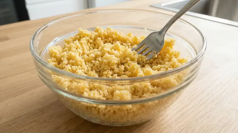 Cous cous sgranato in una ciotola di vetro mescolato con una forchetta