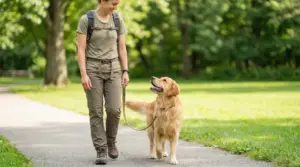 Persona che passeggia con un cane al guinzaglio in un parco verde