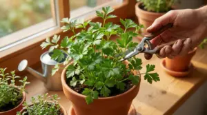 Mano che pota una pianta di prezzemolo in un vaso di terracotta vicino a una finestra