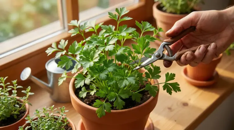 Mano che pota una pianta di prezzemolo in un vaso di terracotta vicino a una finestra