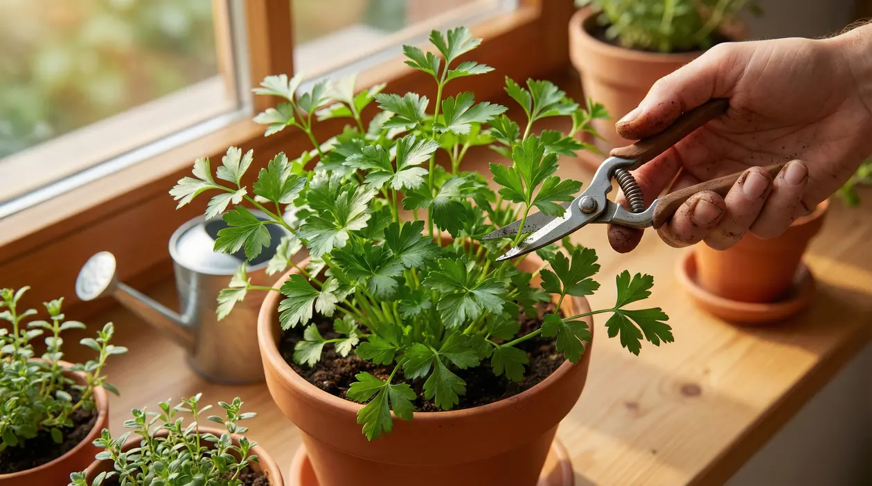 Mano che pota una pianta di prezzemolo in un vaso di terracotta vicino a una finestra