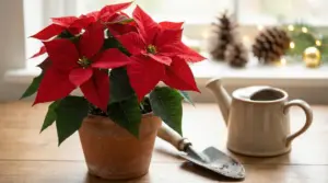 Pianta di stella di Natale in vaso di terracotta su un tavolo vicino a un annaffiatoio