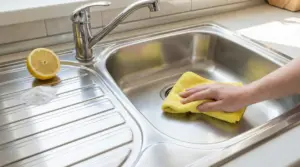 Una mano pulisce un lavello in acciaio inox con un panno giallo vicino a bicarbonato e limone