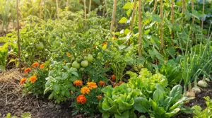 Orto con pomodori, basilico, lattuga, cipolle e fiori di tagete in consociazione