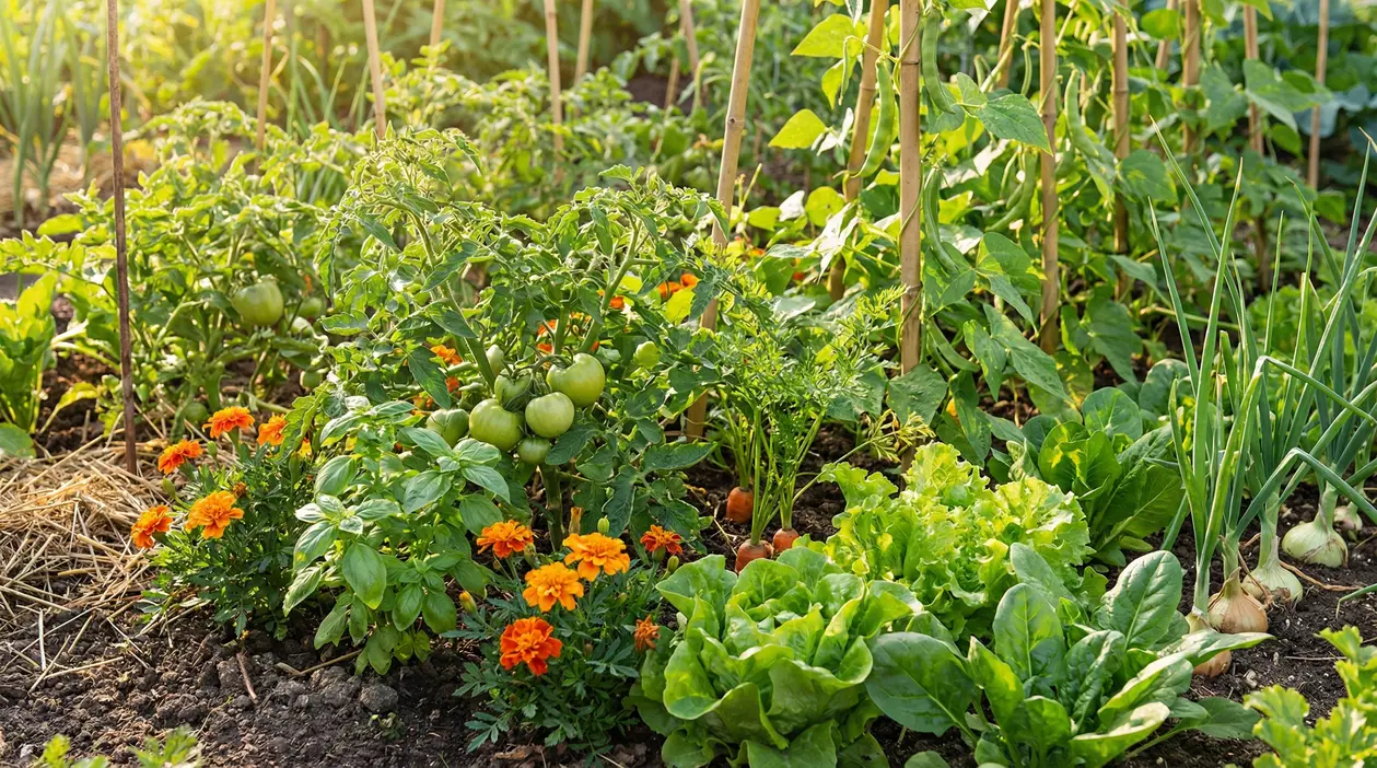 Orto con pomodori, basilico, lattuga, cipolle e fiori di tagete in consociazione