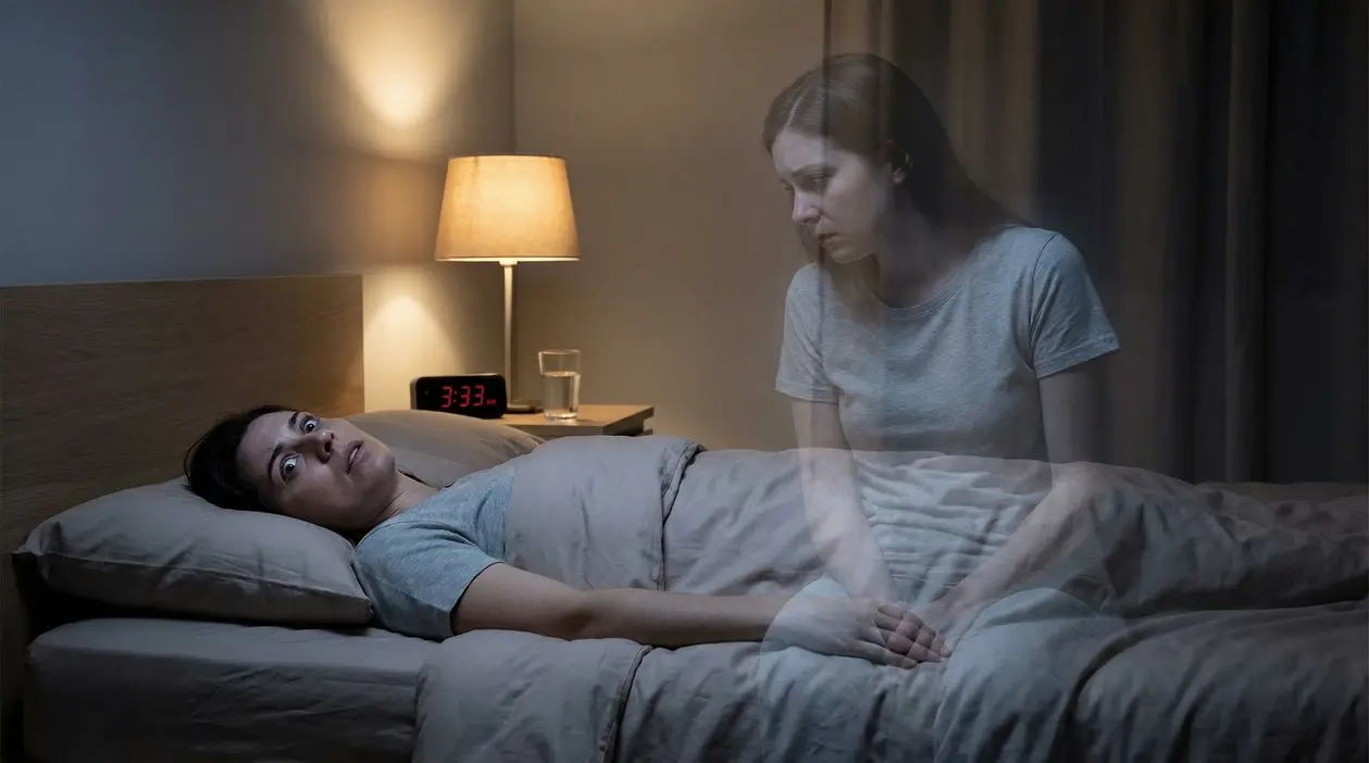 Una persona sdraiata a letto con espressione spaventata accanto alla sua figura trasparente seduta