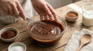 Una persona mescola crema al cioccolato in una ciotola con una frusta a mano