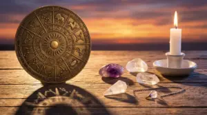 Disco zodiacale con cristalli e candela accesa su tavolo di legno al tramonto