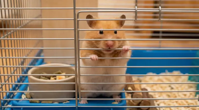 Criceto in gabbia che si aggrappa alle sbarre con le zampe anteriori