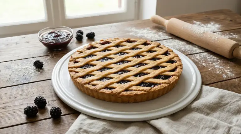 Crostata alla marmellata di more su un piatto bianco con ingredienti da pasticceria sul tavolo