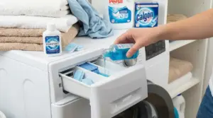 Persona versa un liquido disinfettante nel cassetto di una lavatrice accanto a panni puliti e detergenti.
