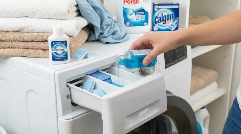 Persona versa un liquido disinfettante nel cassetto di una lavatrice accanto a panni puliti e detergenti.