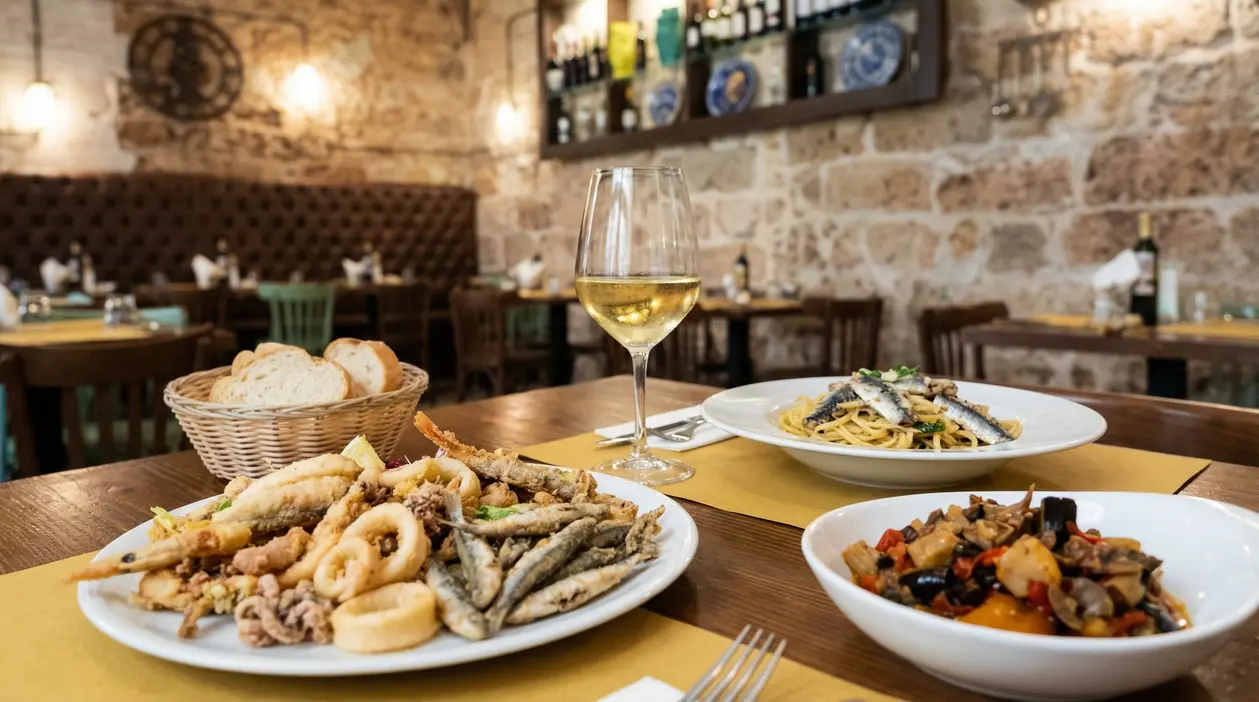 Piatti tipici siciliani con frittura di pesce, pasta con le sarde e caponata su un tavolo in ristorante a Palermo