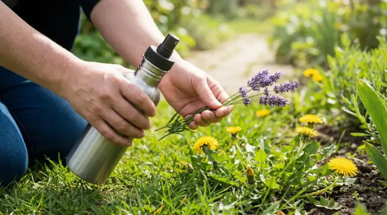 Mani che tengono una borraccia spray e un mazzo di lavanda vicino a piante di tarassaco