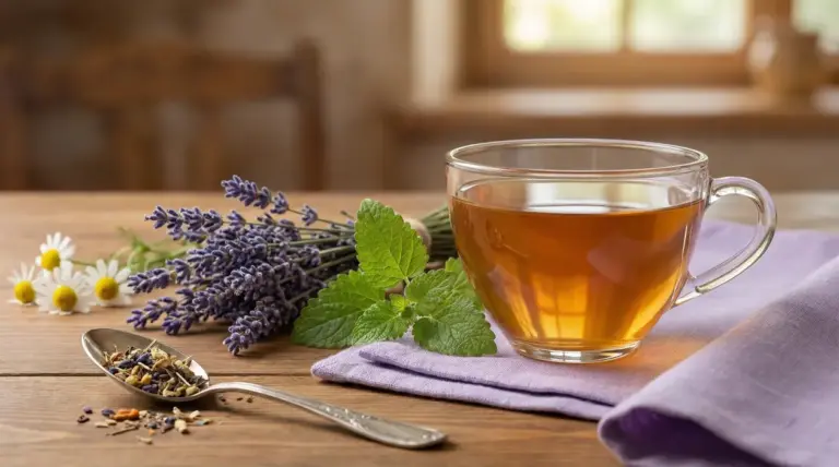 Tisana alle erbe rilassanti con lavanda, camomilla e melissa su un tavolo di legno