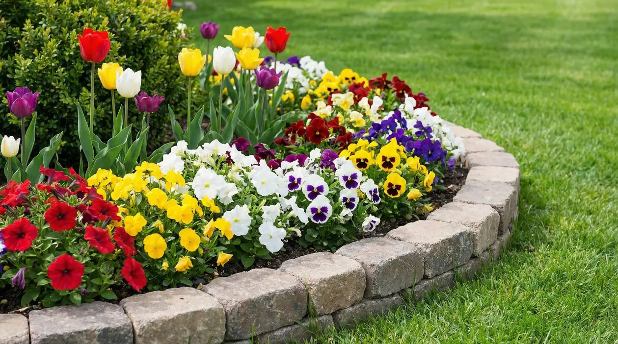 Aiuola curata con fiori colorati delimitata da mattoni nel prato