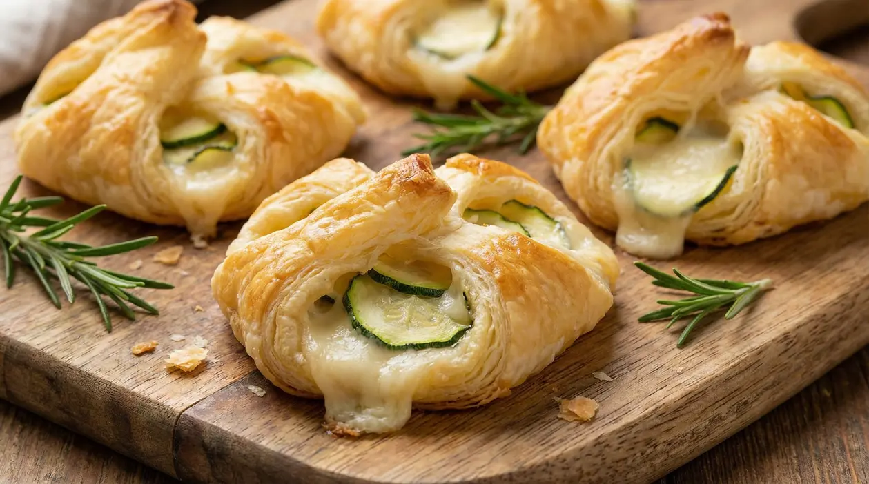 Fagottini di pasta sfoglia con zucchine e scamorza su tagliere di legno