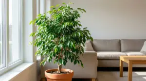 Ficus benjamin rigoglioso in vaso vicino a una finestra in un salotto luminoso