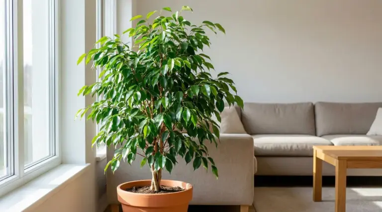 Ficus benjamin rigoglioso in vaso vicino a una finestra in un salotto luminoso