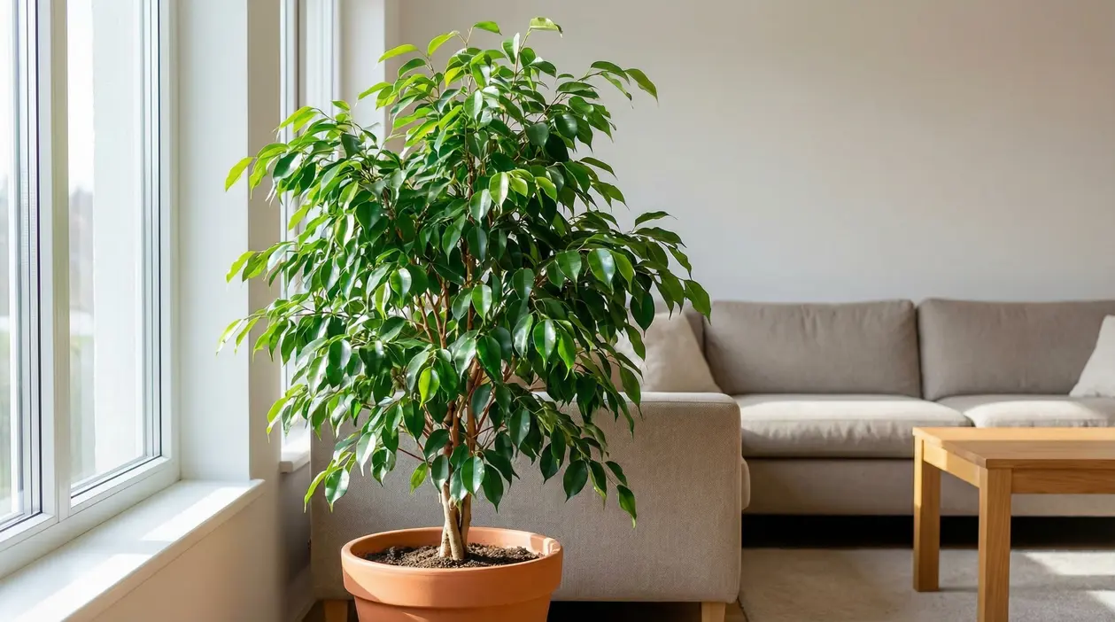 Ficus benjamin rigoglioso in vaso vicino a una finestra in un salotto luminoso