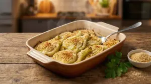 Finocchi gratinati al forno serviti in una pirofila su un tavolo rustico