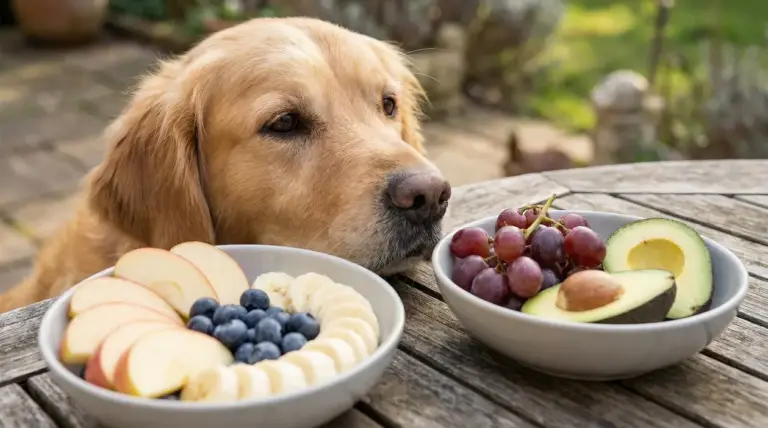 Cane vicino a due ciotole di frutta tra cui mele, banane, mirtilli, uva e avocado