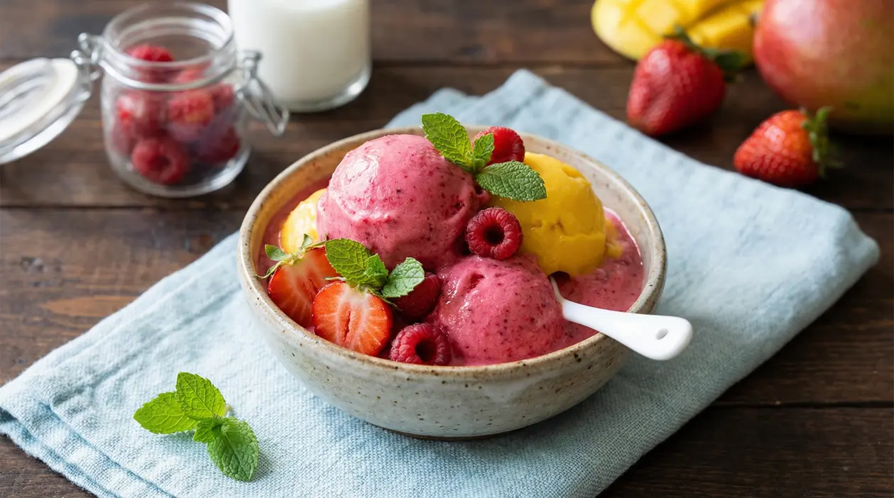 Coppa di gelato alla frutta con fragole, lamponi, mango e foglie di menta su tovagliolo azzurro