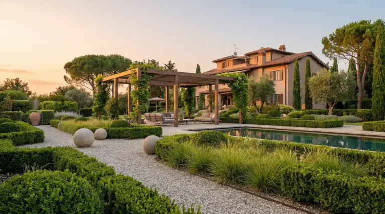 Giardino curato con pergolato in legno e piscina accanto a una casa in stile rustico