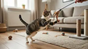 Gatto domestico gioca con un giocattolo piumato in un salotto