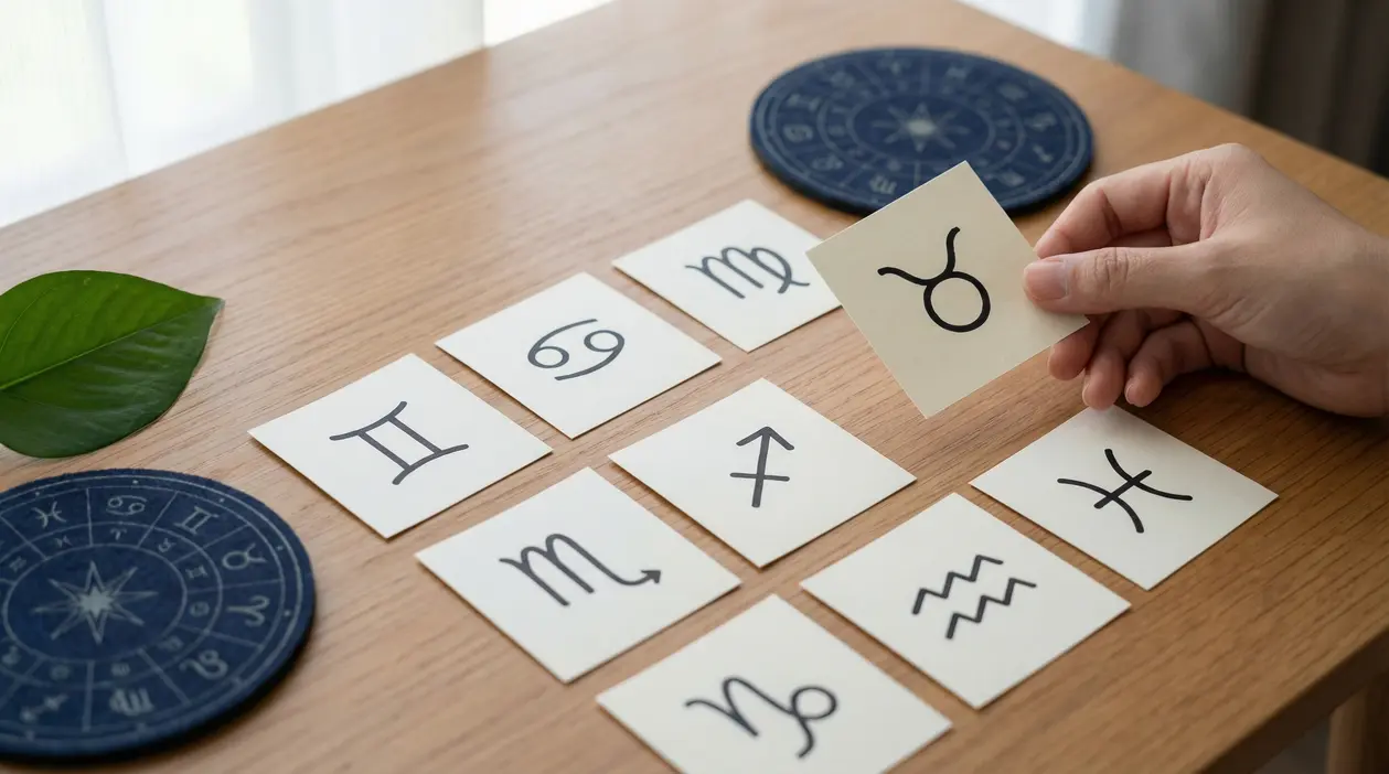 Una mano tiene una carta con un simbolo zodiacale sopra un tavolo con altri simboli