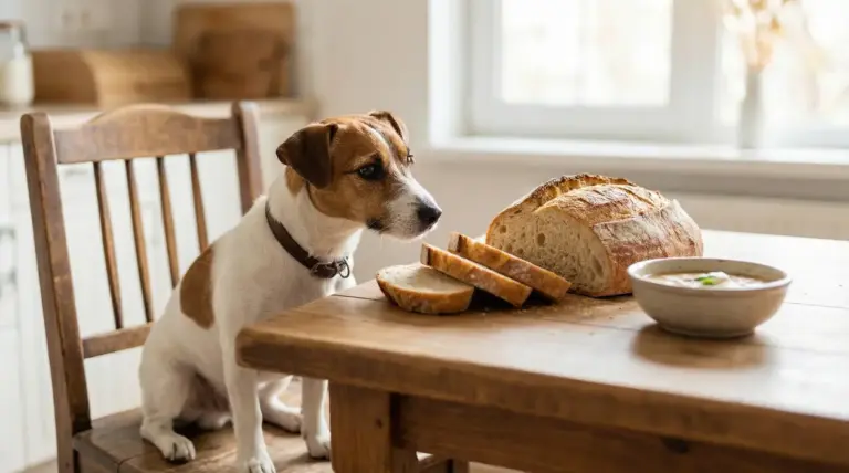Un cane osserva delle fette di pane su un tavolo di legno in una cucina luminosa
