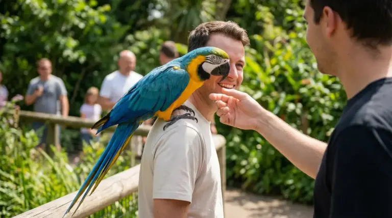 Pappagallo colorato appollaiato sulla spalla di una persona, in un ambiente all'aperto con altre persone sullo sfondo