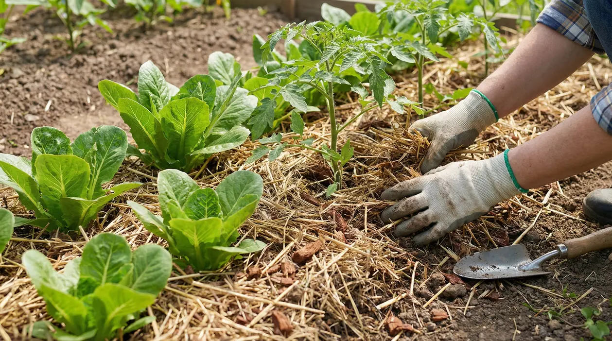 Una persona sistema della paglia tra le piante in un orto ben curato