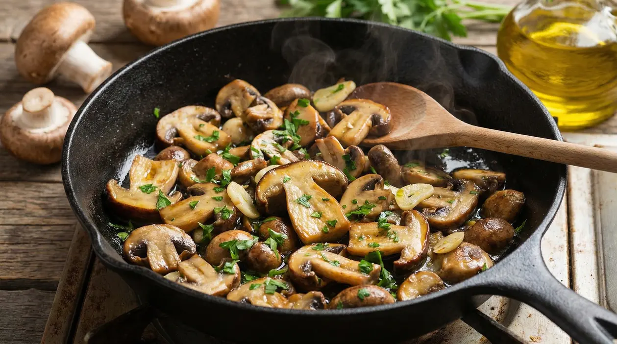 Funghi trifolati in padella con aglio e prezzemolo, su fondo rustico di legno