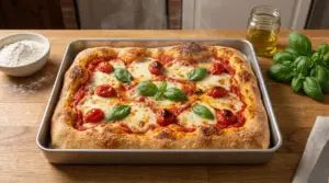 Pizza in teglia con pomodorini, mozzarella e basilico appena sfornata su un piano di lavoro in legno